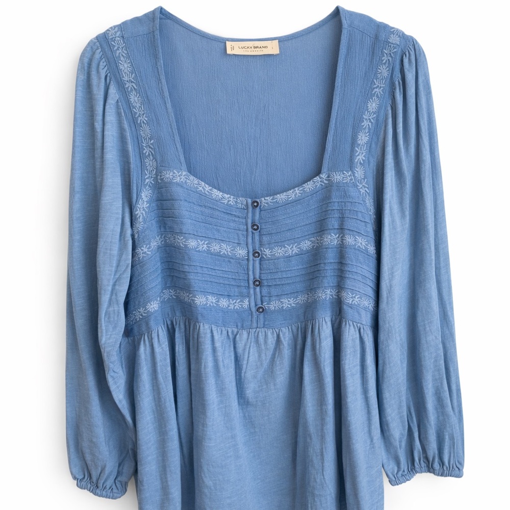 Lucky Brand Blue Embroidered Peasant Blouse Size Large NWT